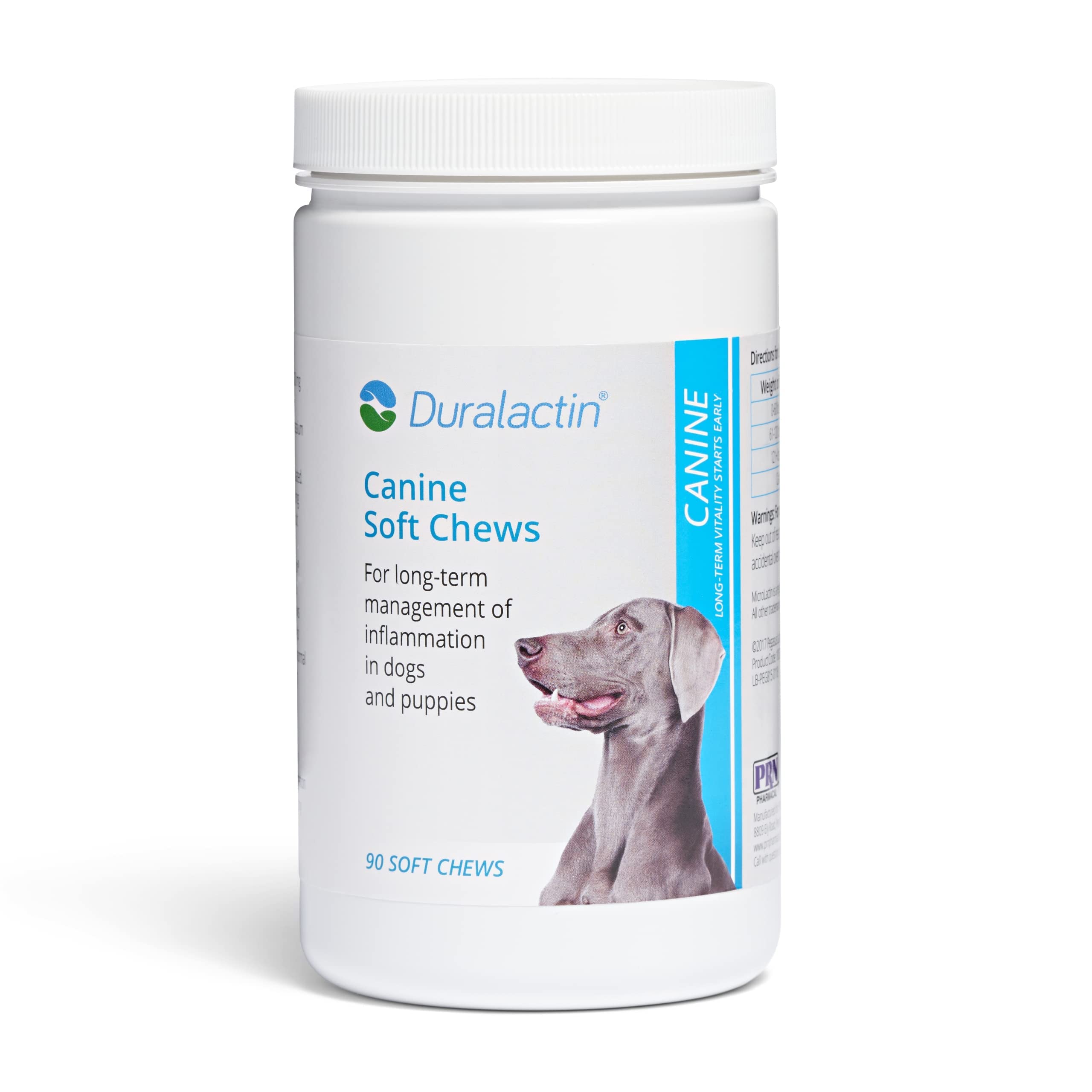 PRN Pharmacal Inc Duralactin canine soft chews bottle with chicken-liver flavor for joint comfort.