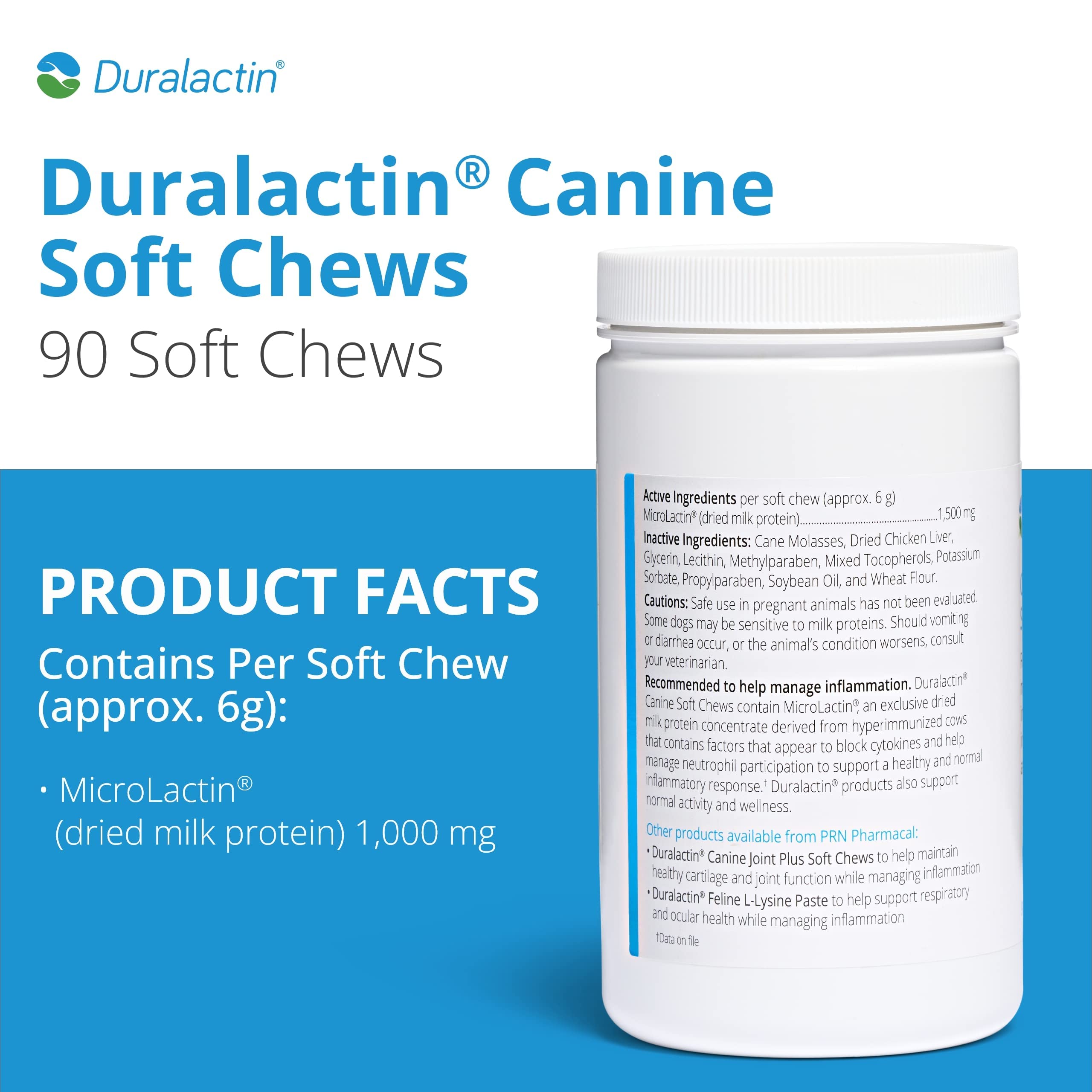 PRN Pharmacal Inc Duralactin chews pouch displays tasty treats improving daily mobility.