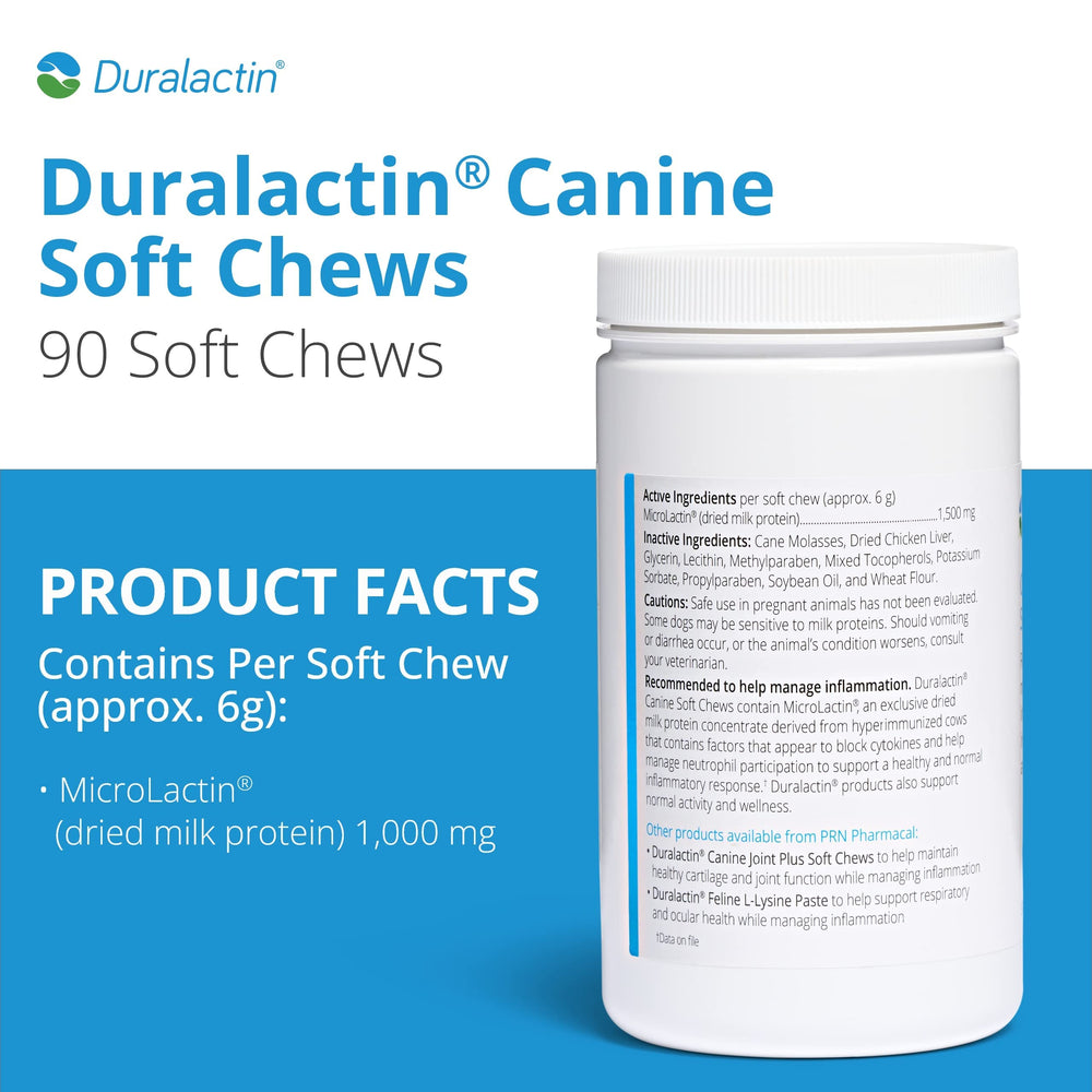PRN Pharmacal Inc Duralactin chews pouch displays tasty treats improving daily mobility.