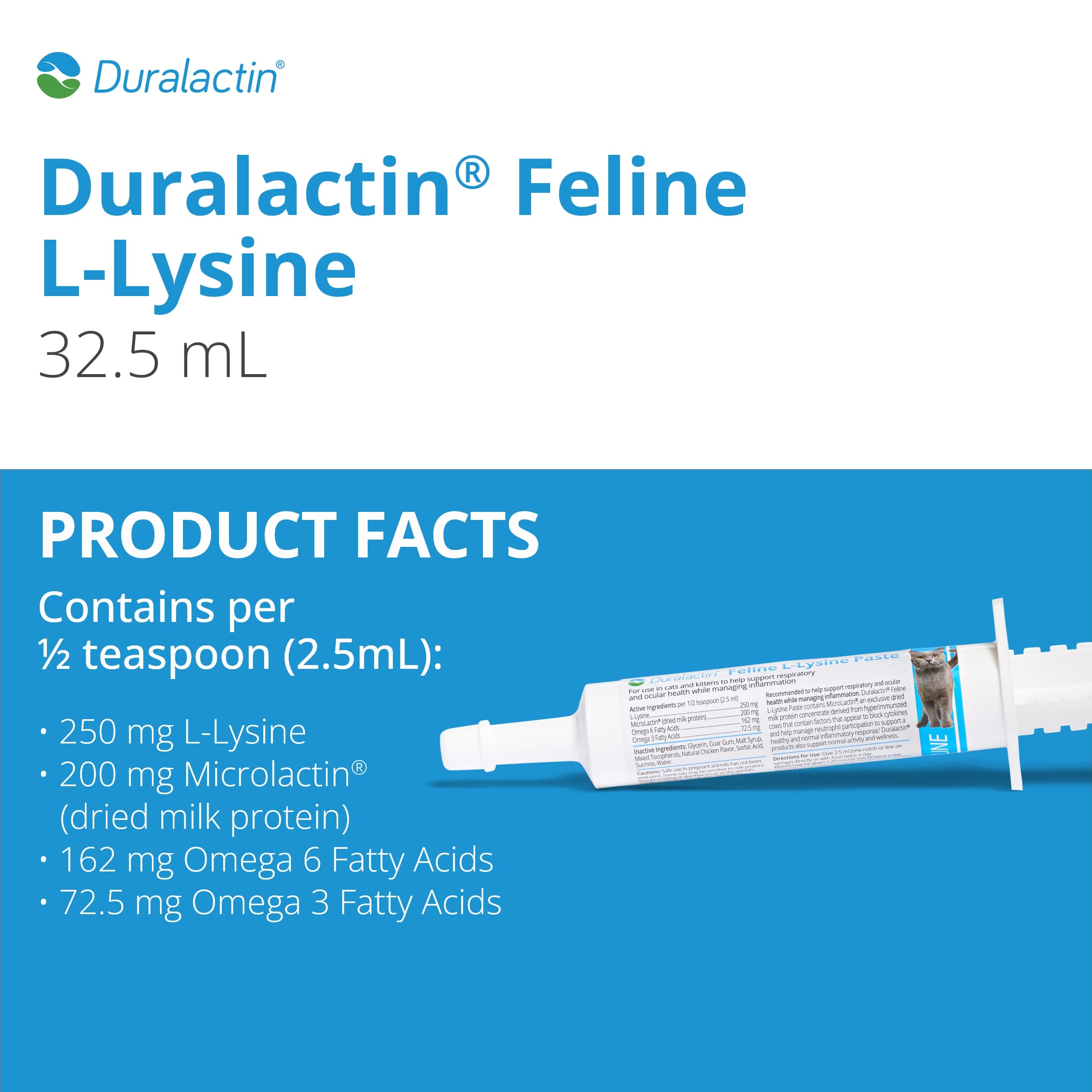 PRN Duralactin feline L-Lysine paste syringe shows easy-dose design for precise administration.