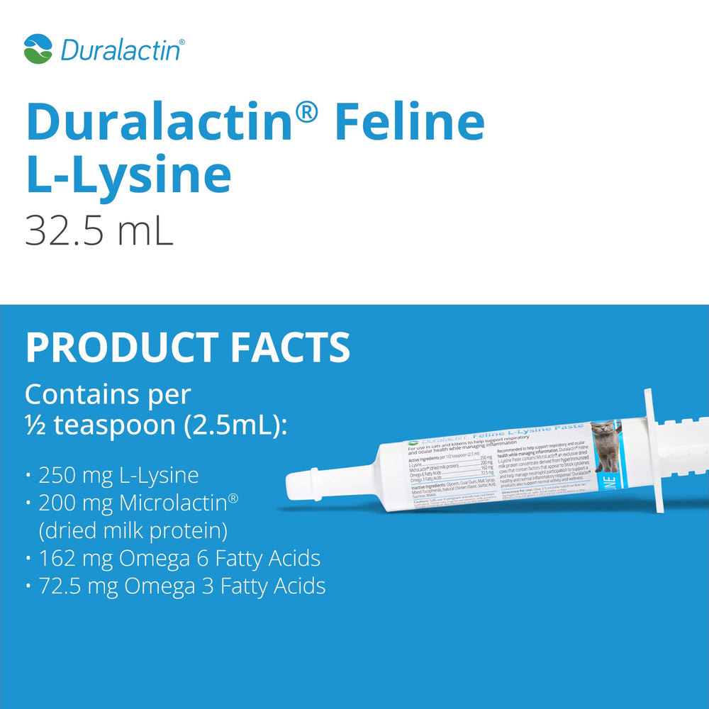 PRN Duralactin feline L-Lysine paste syringe shows easy-dose design for precise administration.