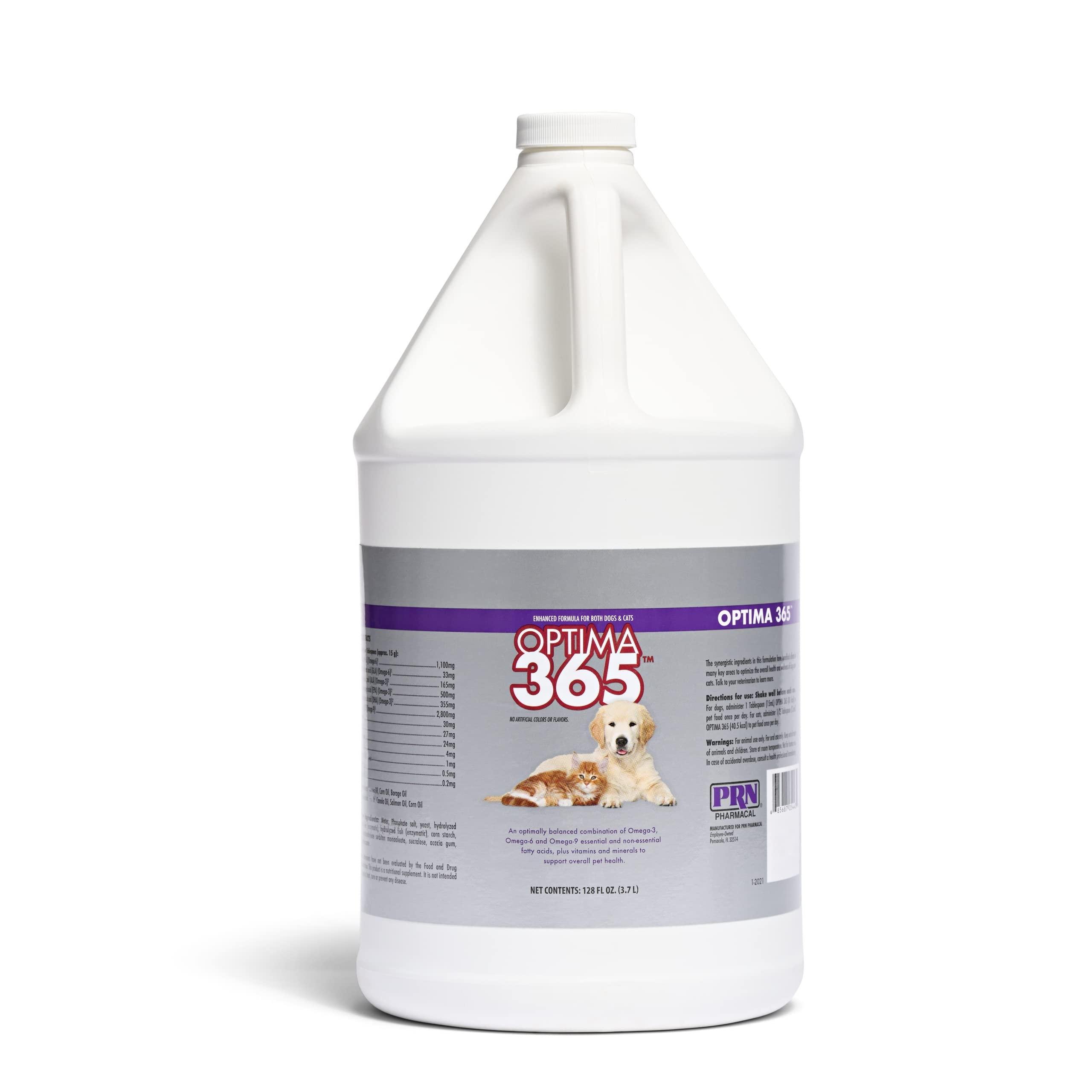 PRN Pharmacal Optima 365 bottle label highlights omega-rich formula for pet health.