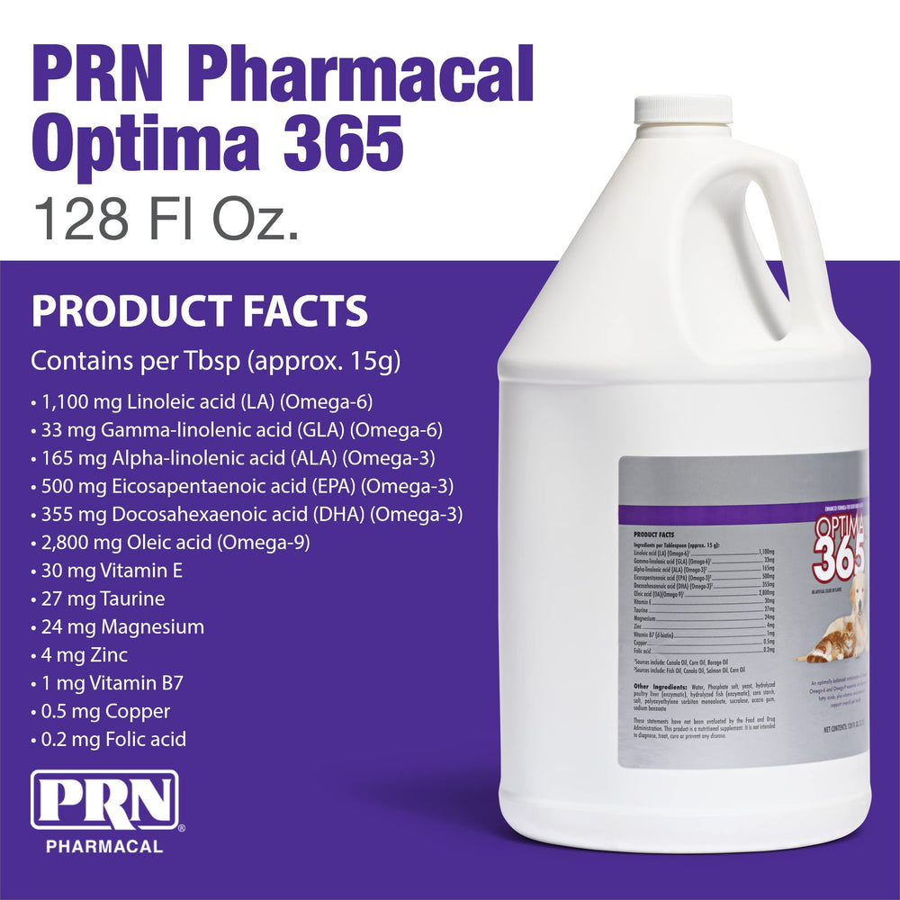PRN Optima 365 tablespoon measure demonstrates dosing for skin and coat support.