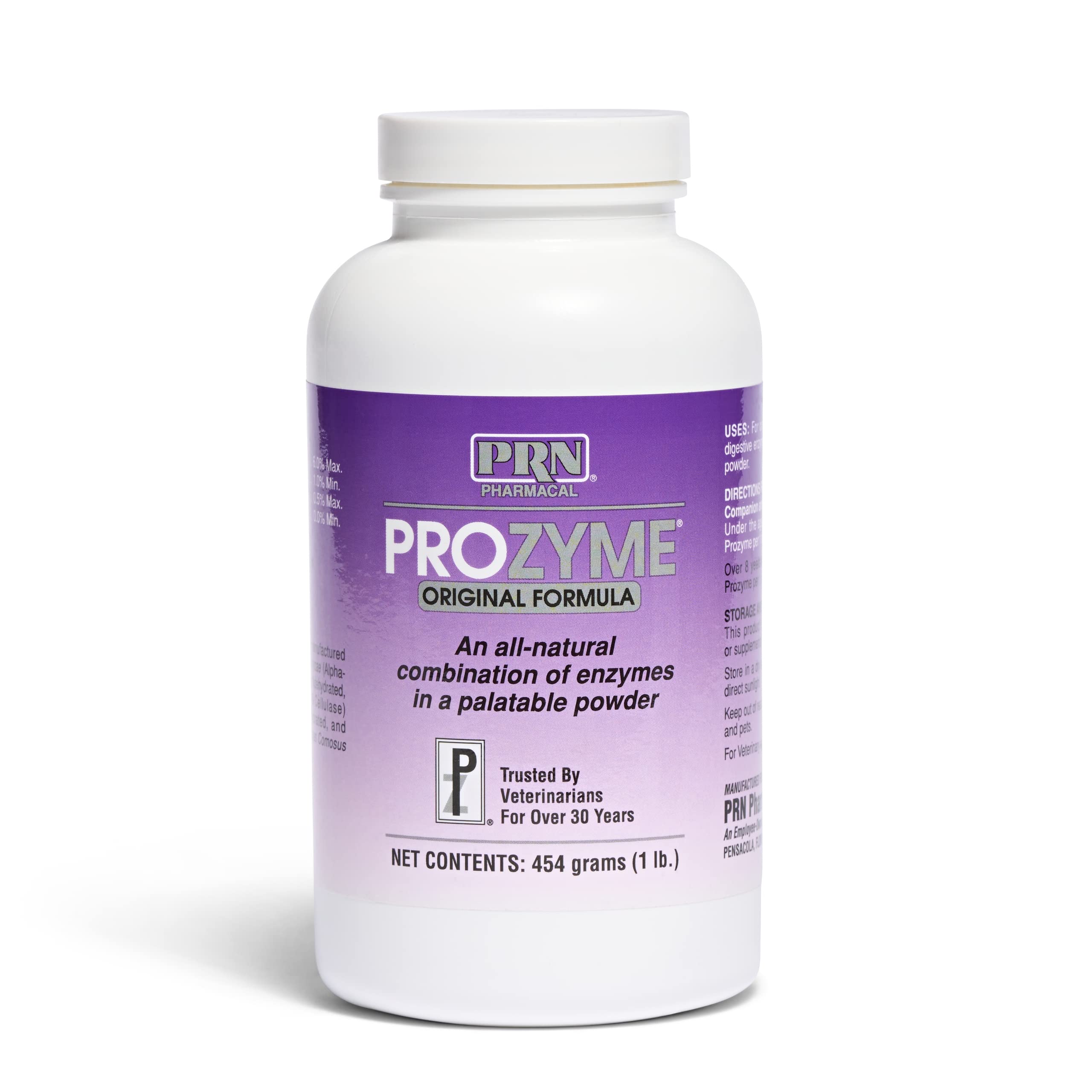 PRN ProZyme bottle label highlighting plant-origin enzymes for pet digestion support.