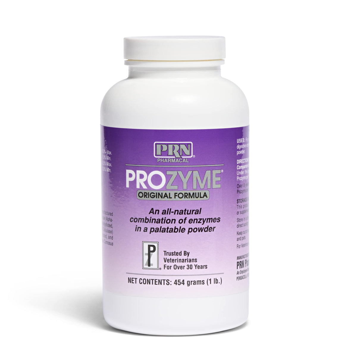 PRN ProZyme bottle label highlighting plant-origin enzymes for pet digestion support.