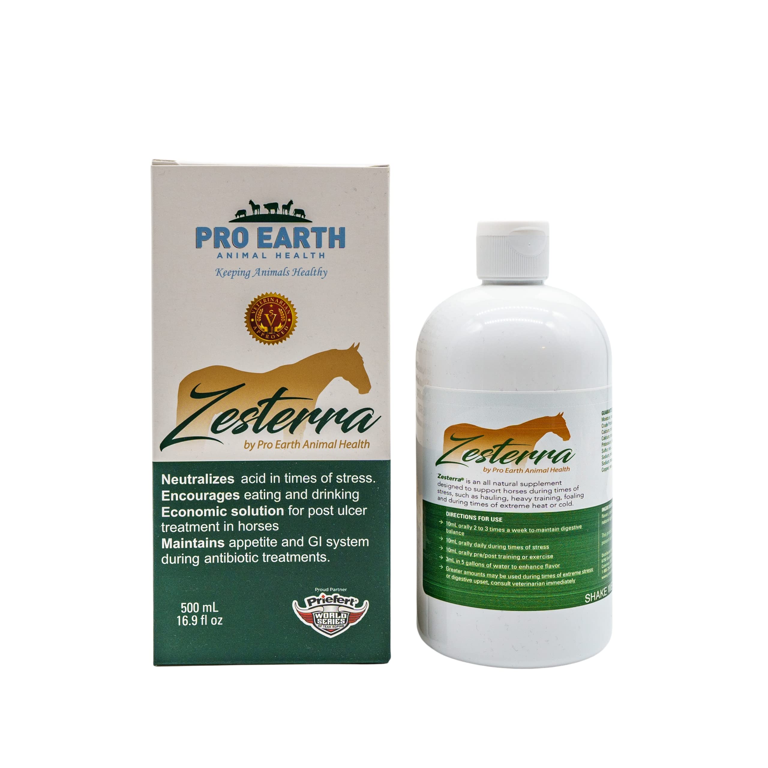 Pro Earth Zesterra 500ml bottle front, supports horses during stressful events.