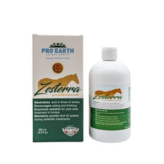 Pro Earth Zesterra 500ml bottle front, supports horses during stressful events.