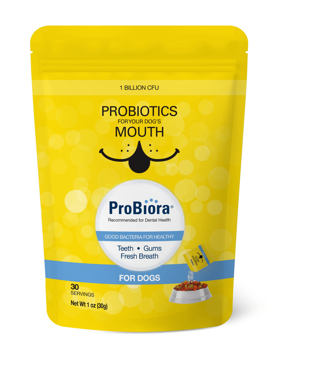 Probiora for Dogs packaging image for easy daily use and fresh breath support.
