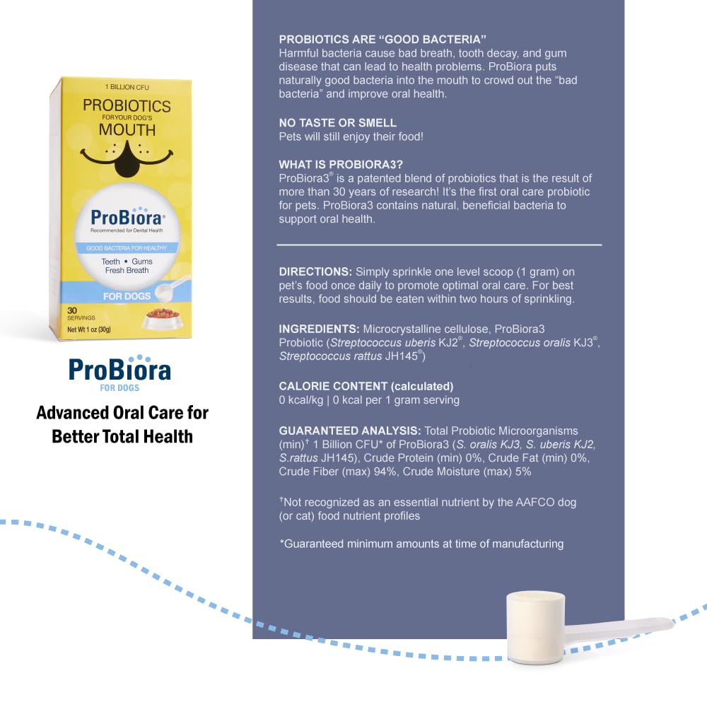 Probiora for Dogs scoop-dispense demonstrates easy daily sprinkle on meals.