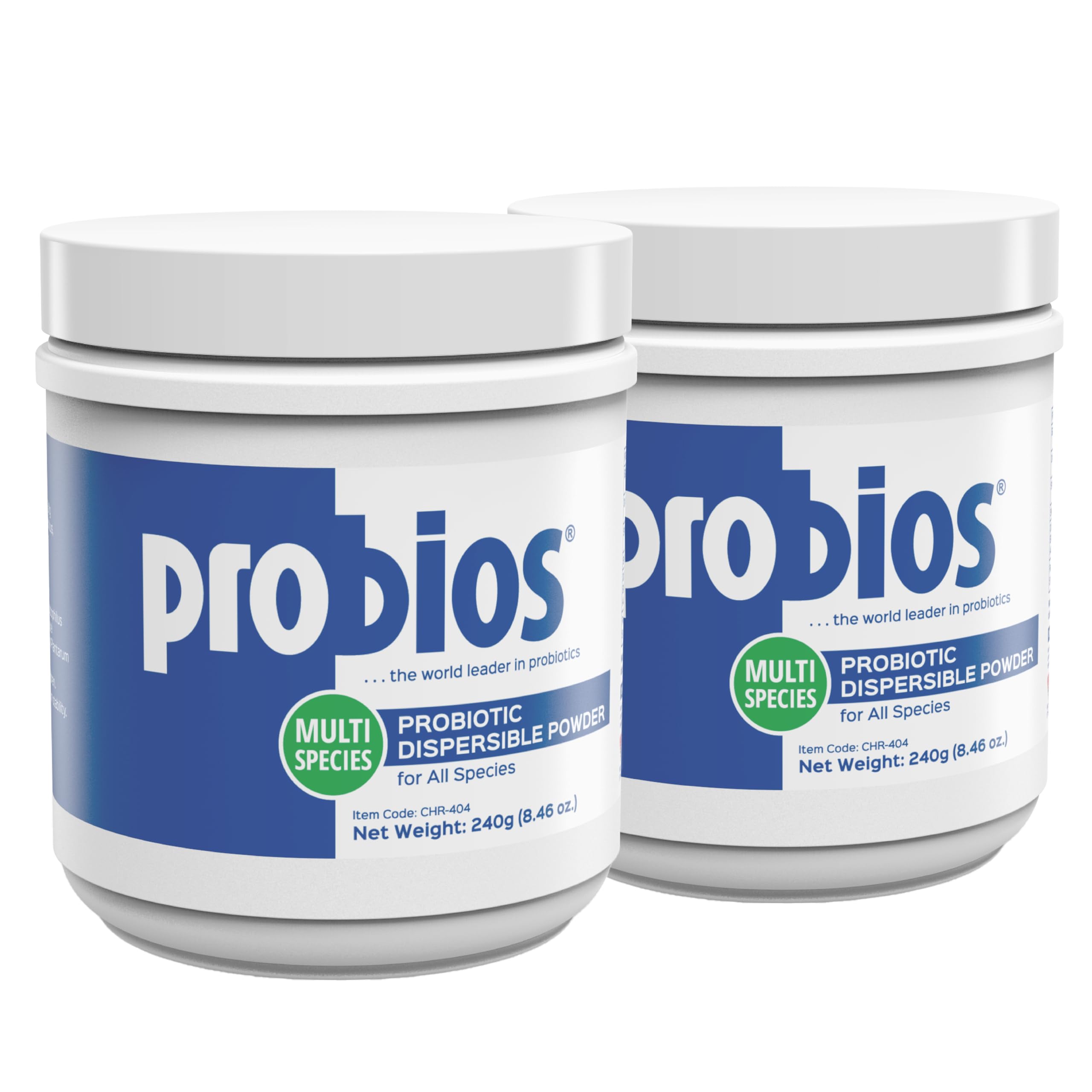 Probios Digestive Support packaging shows two 240g jars for multi-species use.