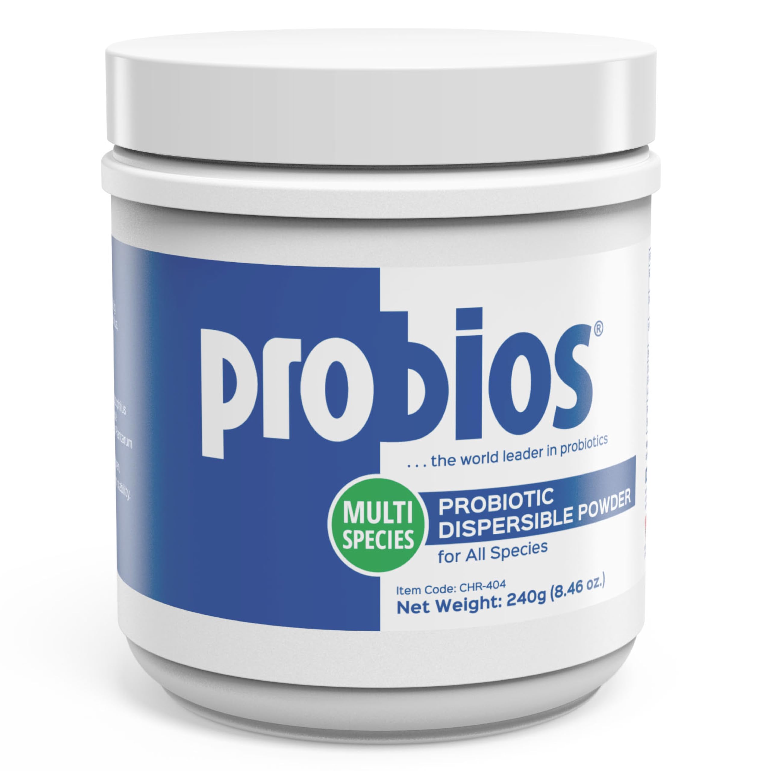 Probios digestive-support probiotic powder tub for pets supports gut health and balanced digestion.