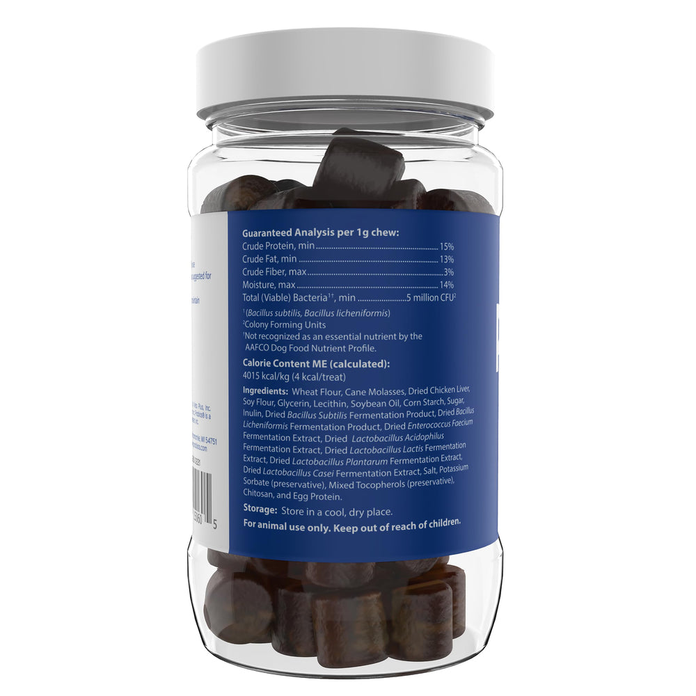 Probios Dog Soft Chews shown in travel context for stress-related tummy comfort.