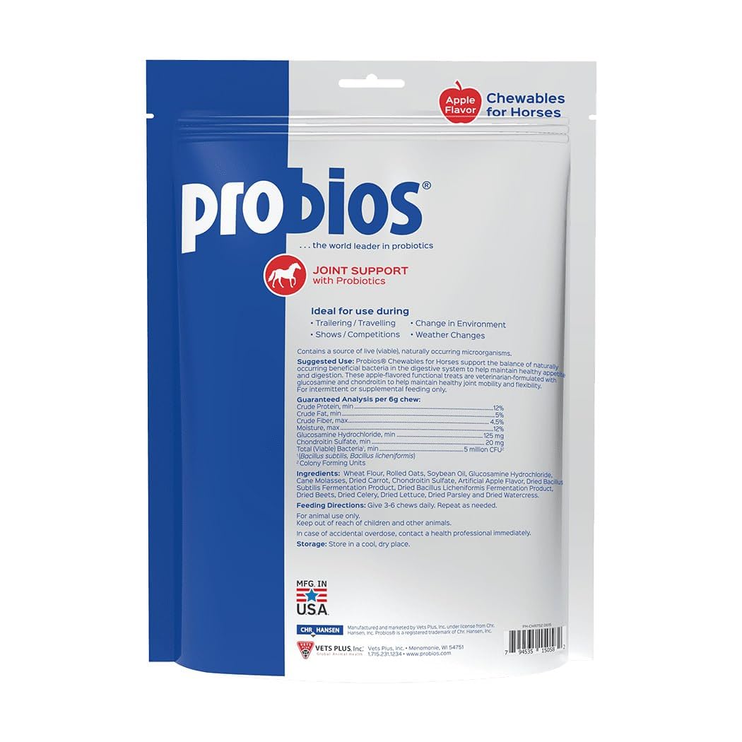 Probios Horse Treats apple-flavor closeup highlights tasty, lactose-free treats aiding digestion and joint function.