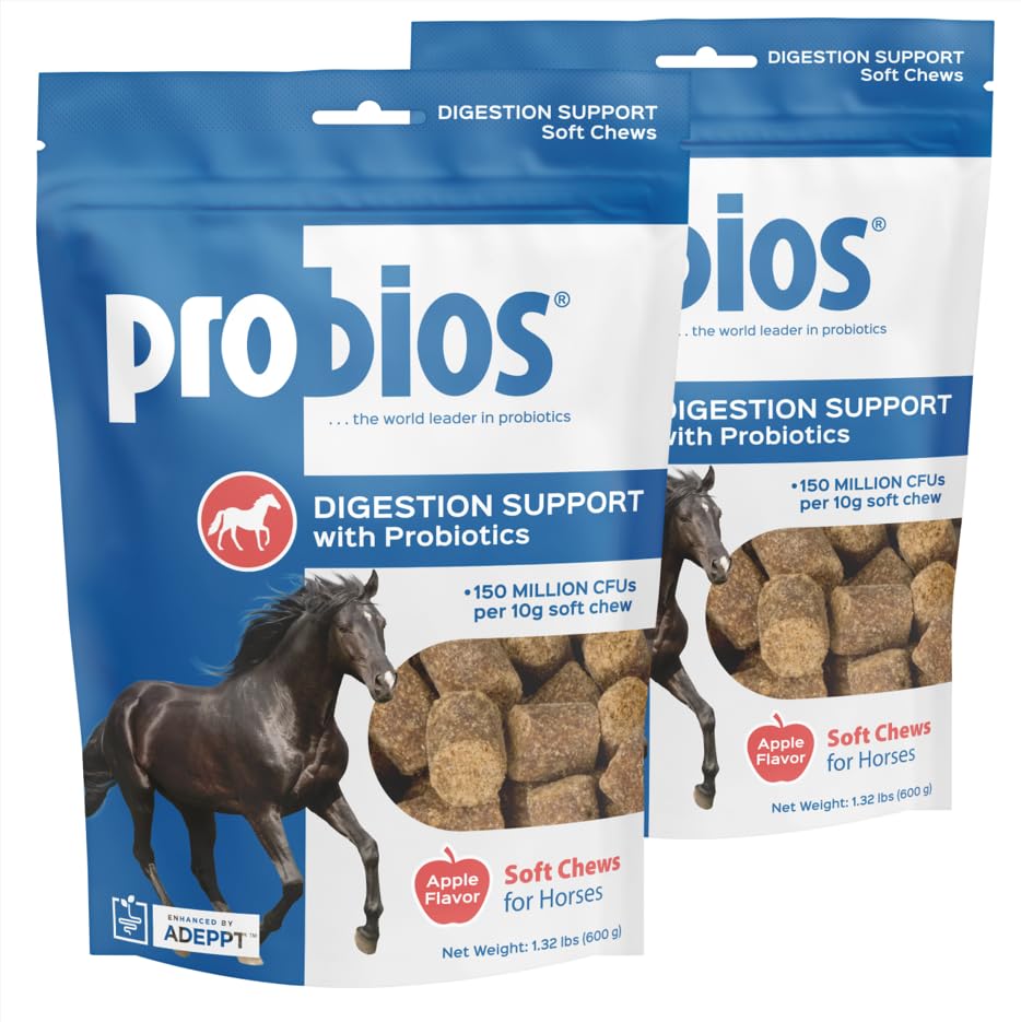 Probios for Horses Soft Chews apple flavor bottle shows easy daily probiotic support.