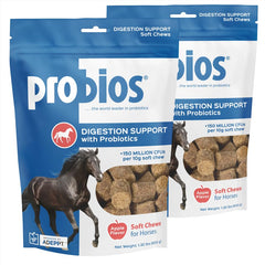 Probios for Horses Soft Chews apple flavor bottle shows easy daily probiotic support.