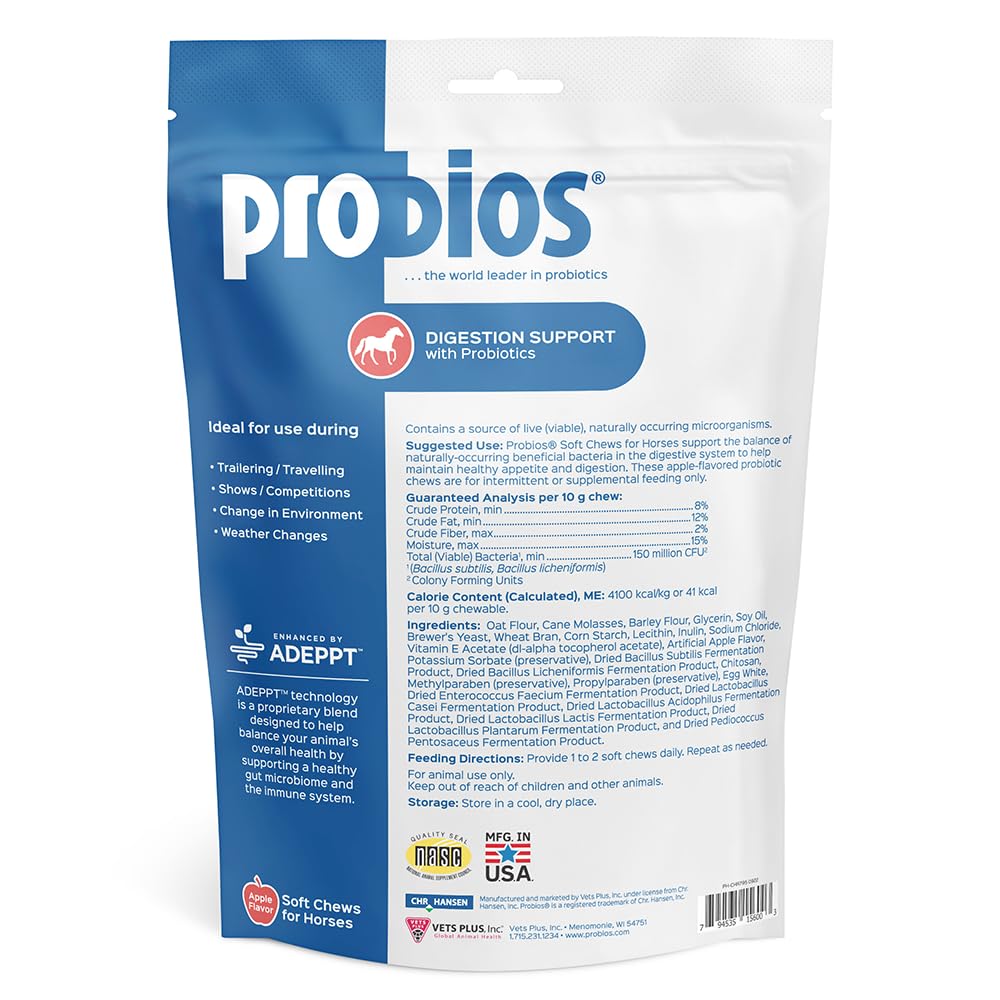 Probios for Horses Soft Chews ingredients panel highlights multi-strain probiotic blend.