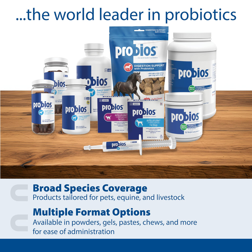Probios multi-species-use illustration shows dogs, cats, and horses benefiting from gut health
