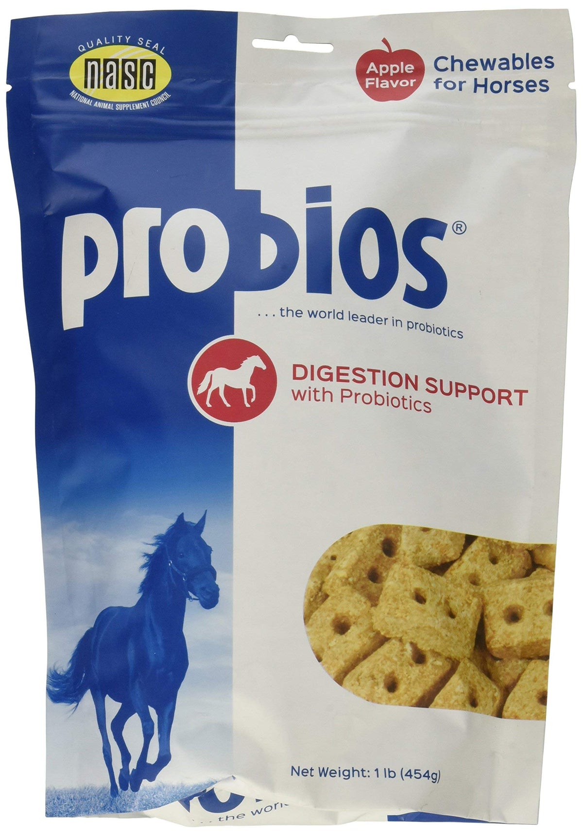 Probios probiotic horse treats apple flavor front of 1lb pack supporting digestion