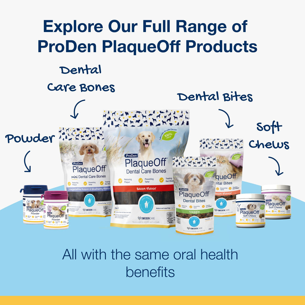ProDen PlaqueOff dental bites pack on counter: ready for daily routine.