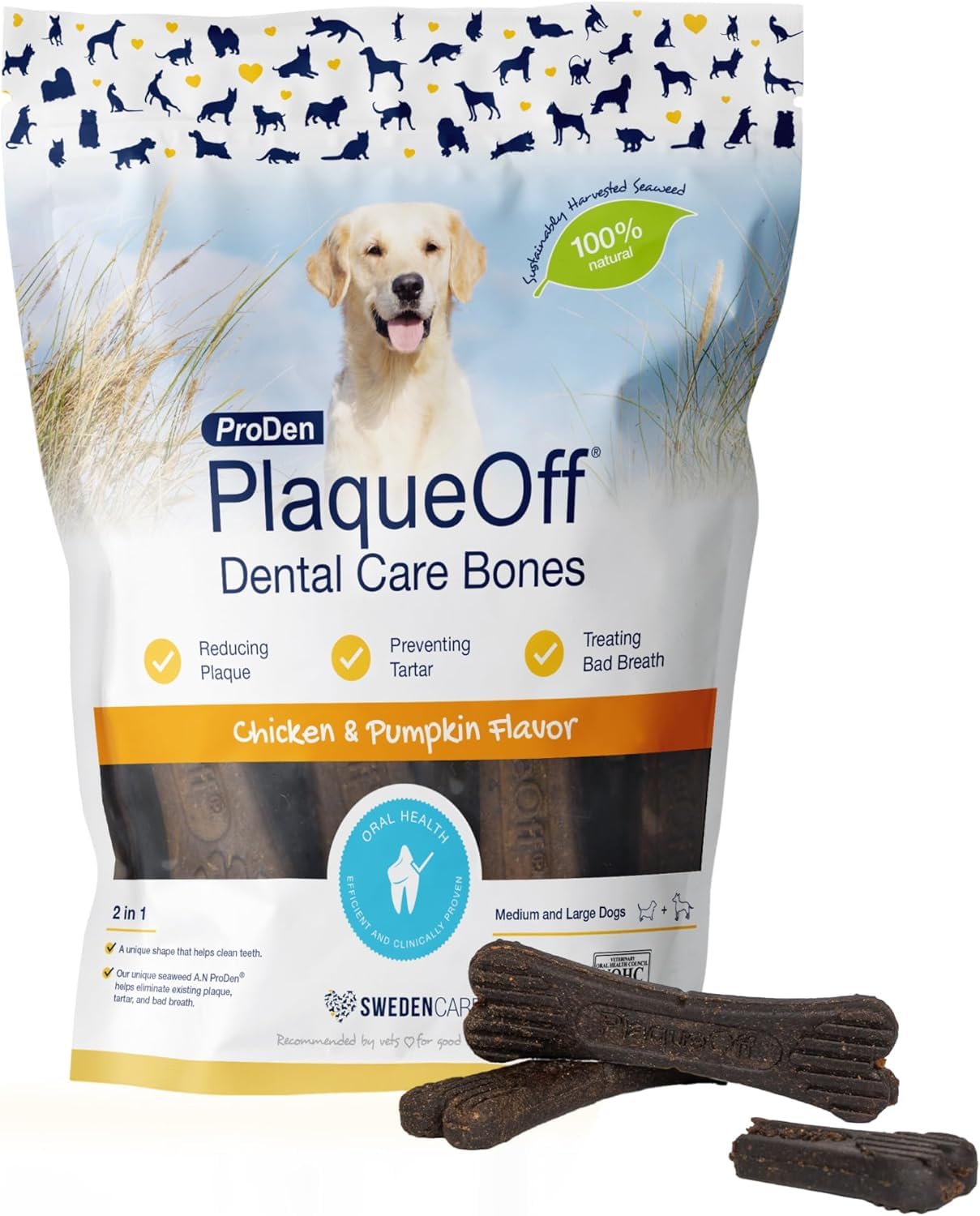 ProDen PlaqueOff dental bones packaging highlights chicken and pumpkin ingredients for dental care