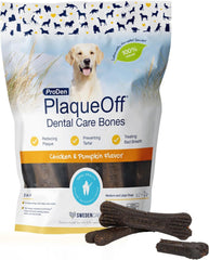 ProDen PlaqueOff dental bones packaging highlights chicken and pumpkin ingredients for dental care