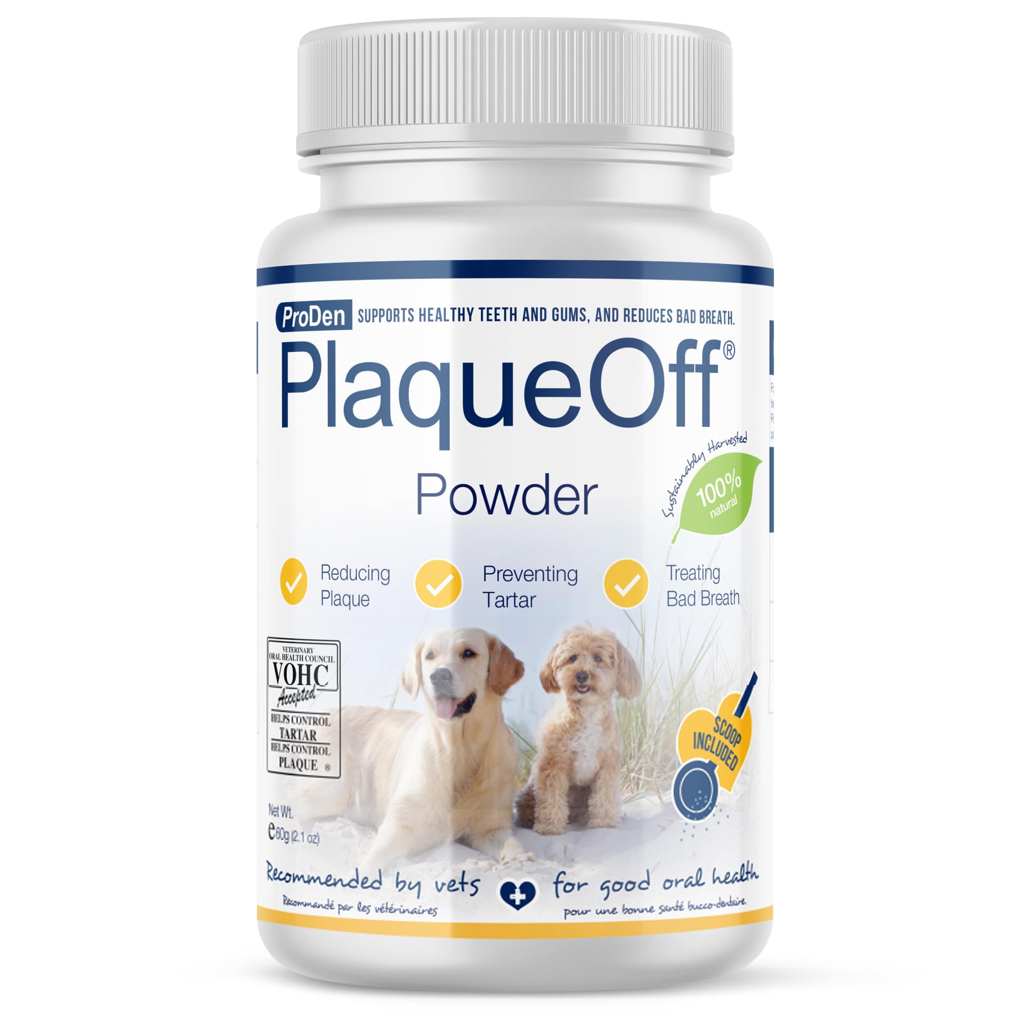 ProDen PlaqueOff dental care bottle close-up, promoting fresher breath and healthier gums.