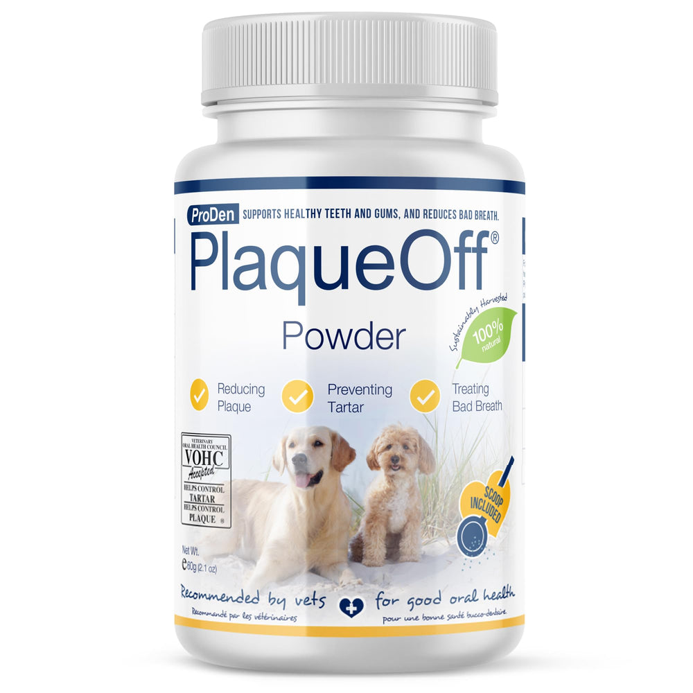 ProDen PlaqueOff dental care bottle close-up, promoting fresher breath and healthier gums.