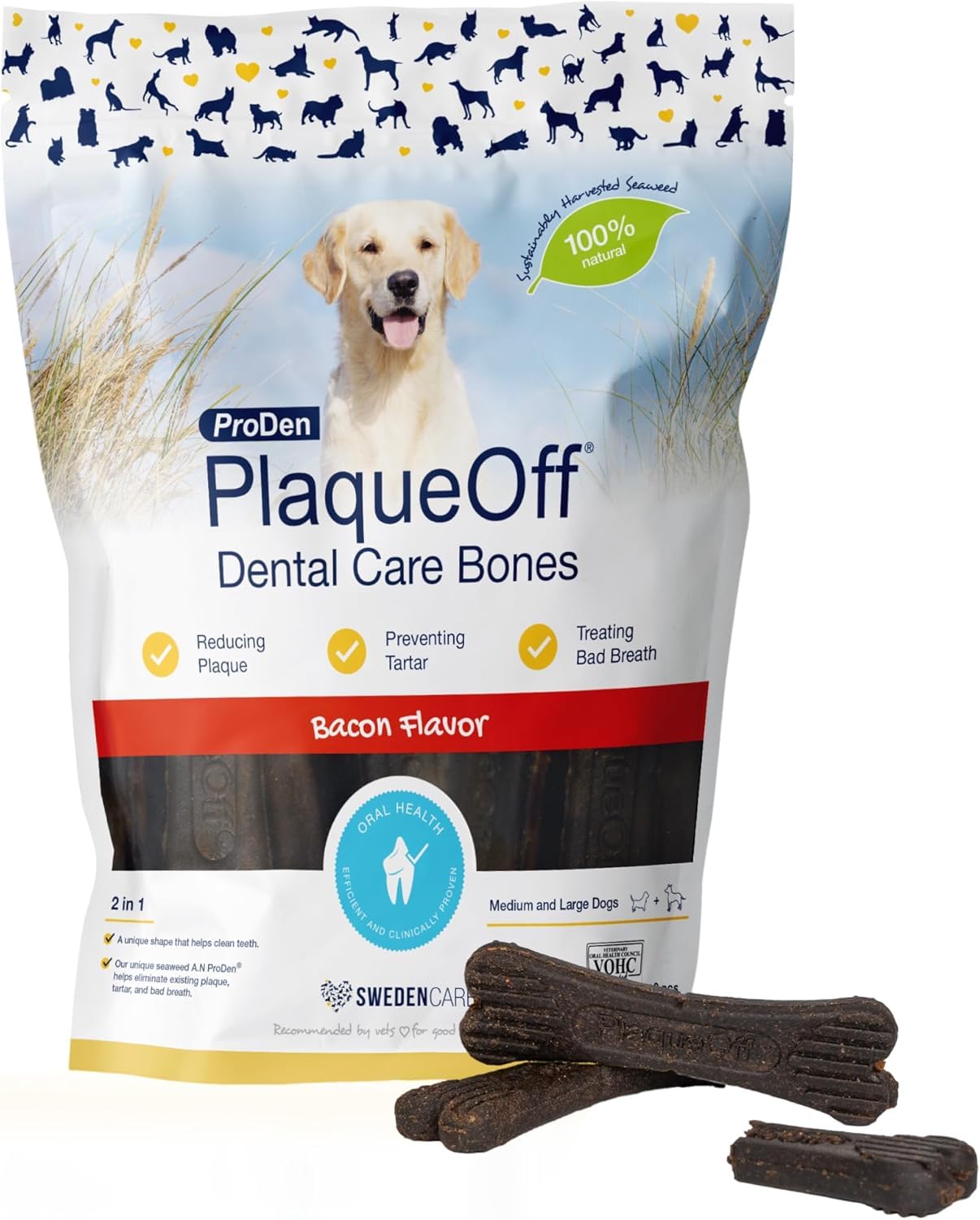 ProDen PlaqueOff dog bones bacon flavor close-up showing texture that supports gentle plaque removal.