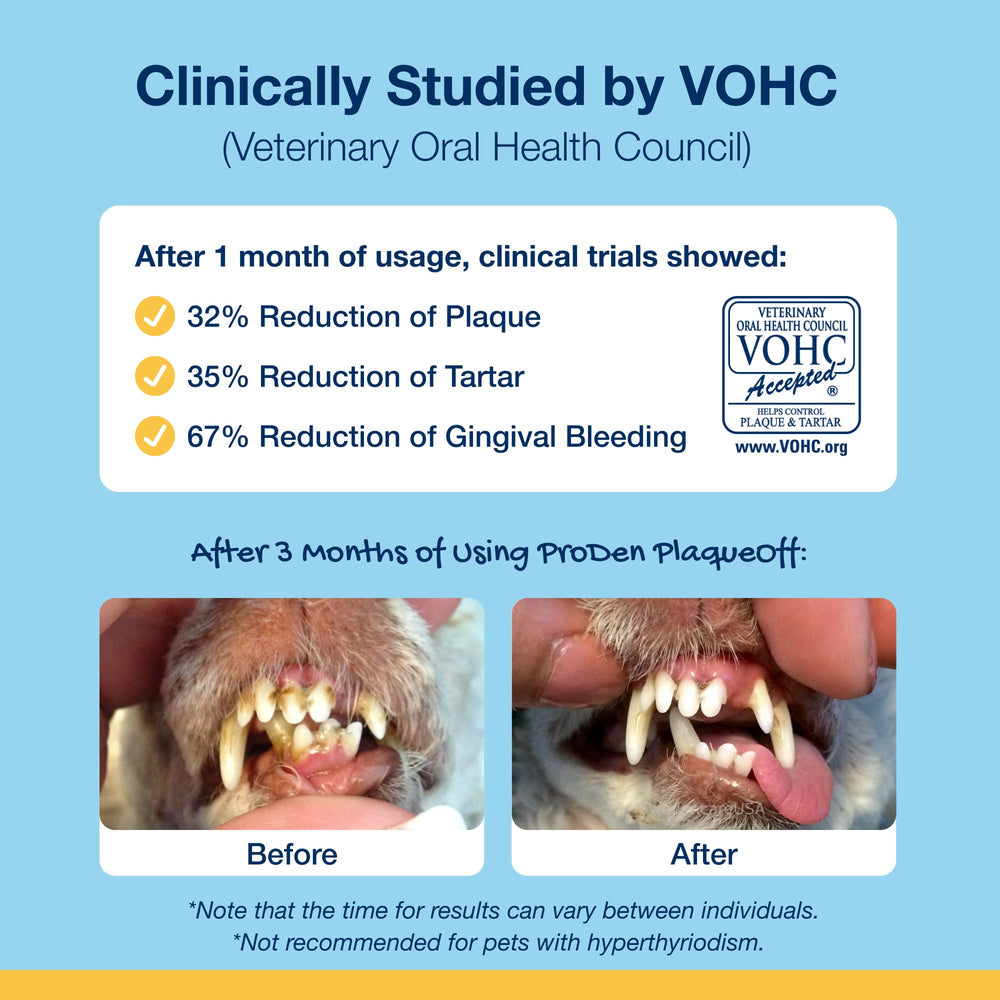 ProDen PlaqueOff bottle and chews with fresh-label look signals vet-recommended oral care.
