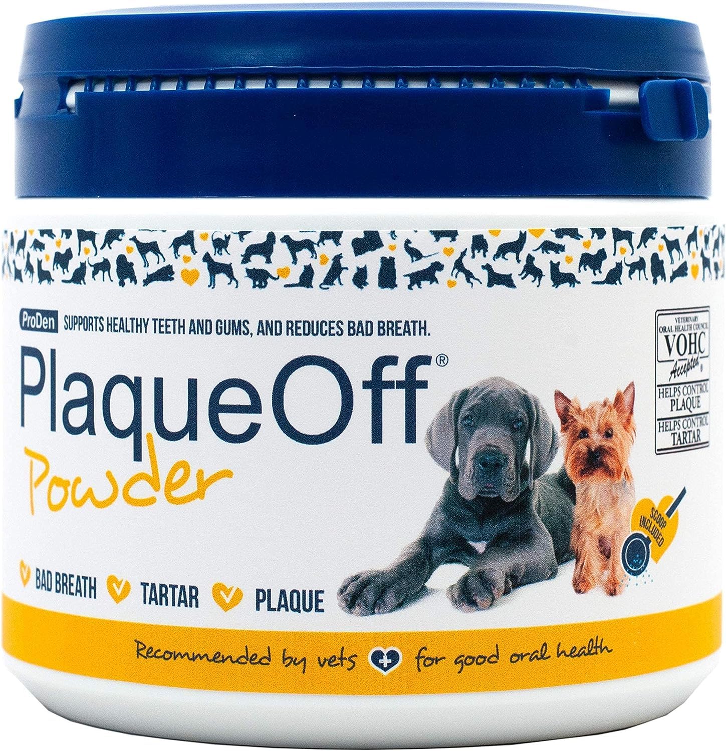 ProDen PlaqueOff Pet 420g tub supports dental care and plaque management for dogs and cats.