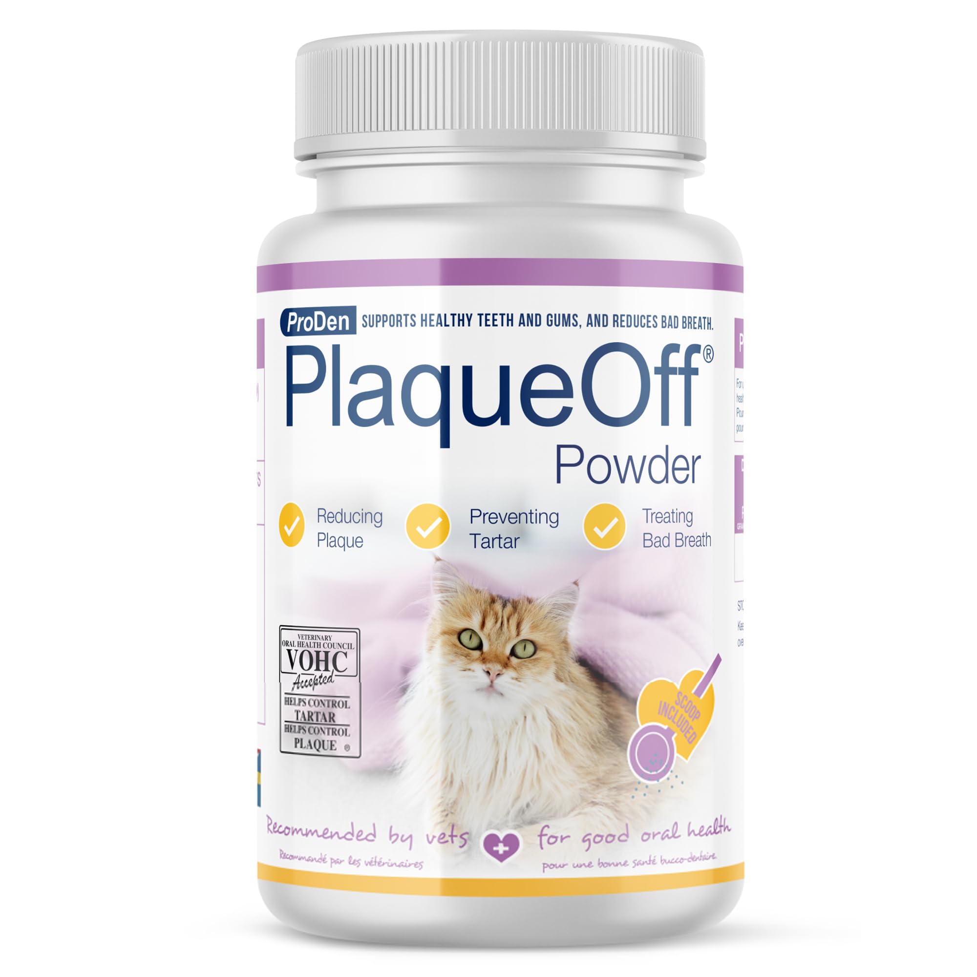 ProDen PlaqueOff cat formula powder in tub supports gradual plaque reduction.