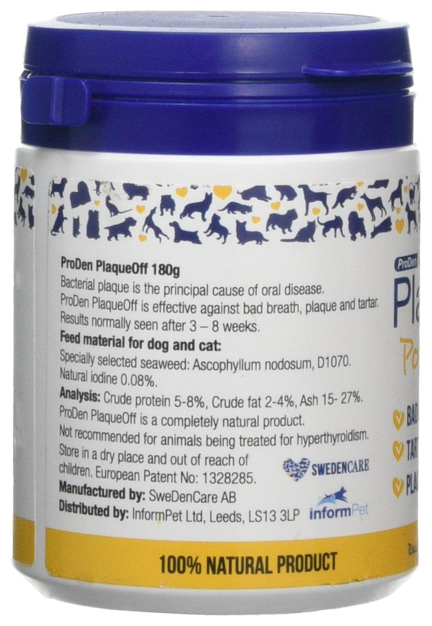 ProDen PlaqueOff powder being sprinkled into pet food for subtle dental care.