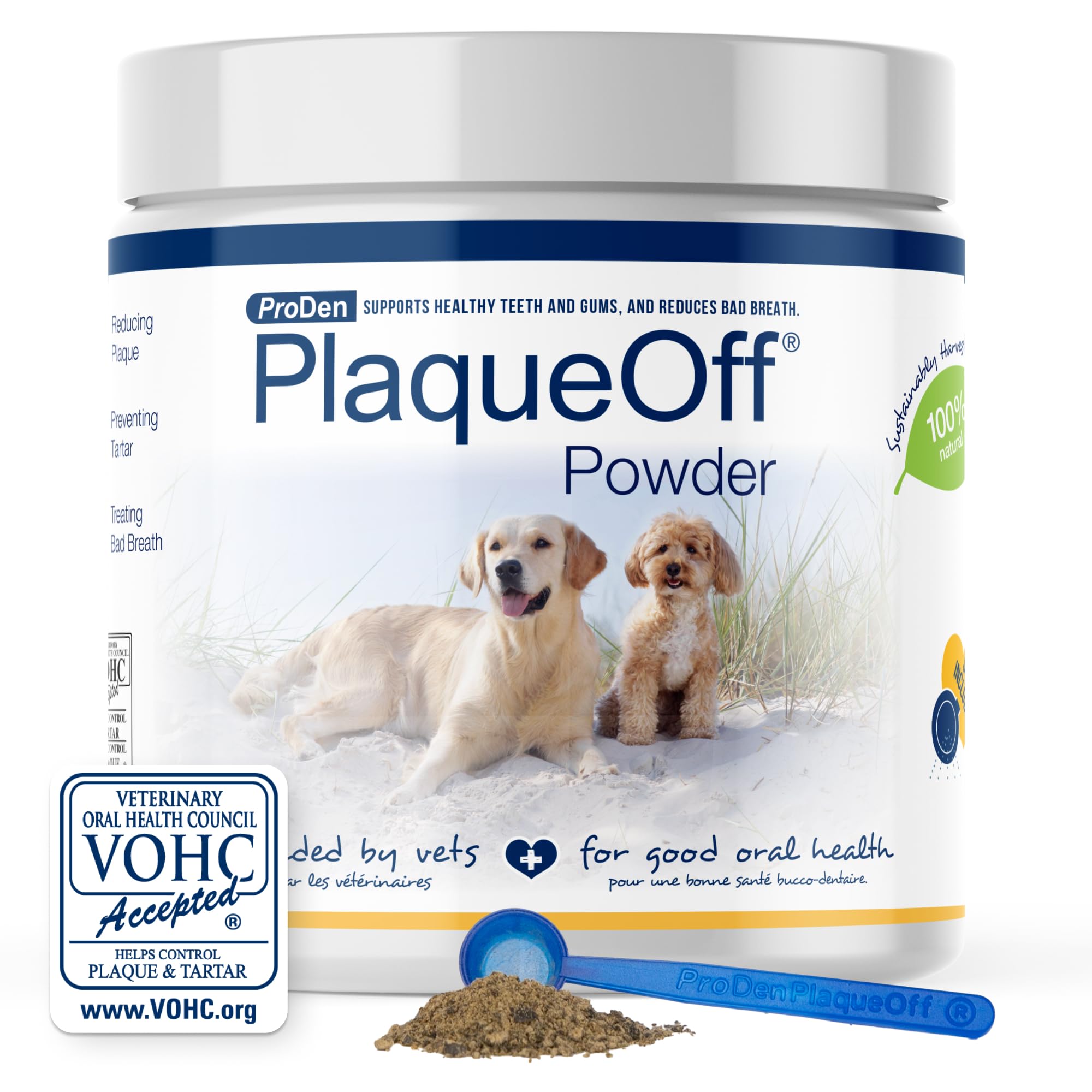 ProDen PlaqueOff powder tub front, supports healthy pet teeth.