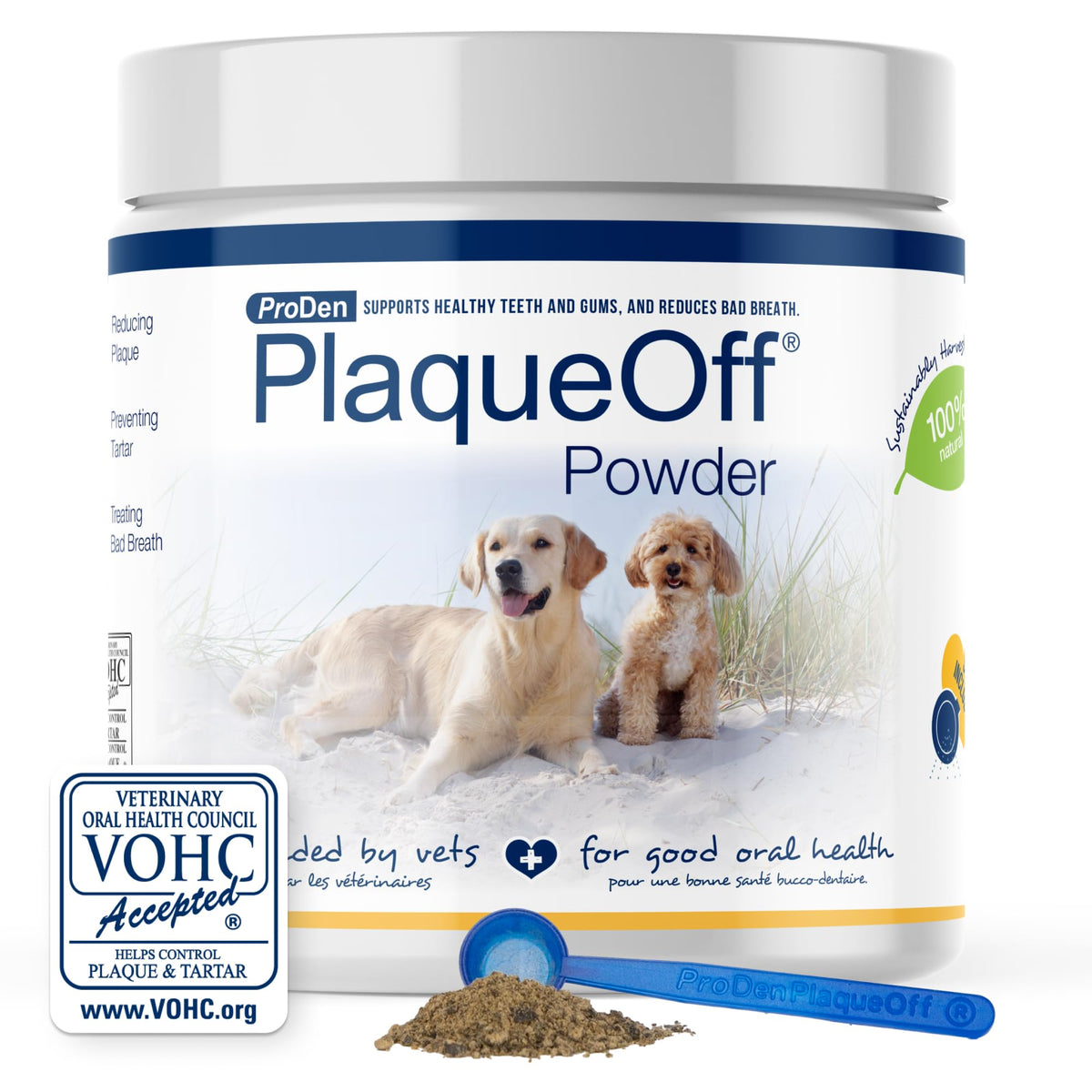 ProDen PlaqueOff powder tub front, supports healthy pet teeth.