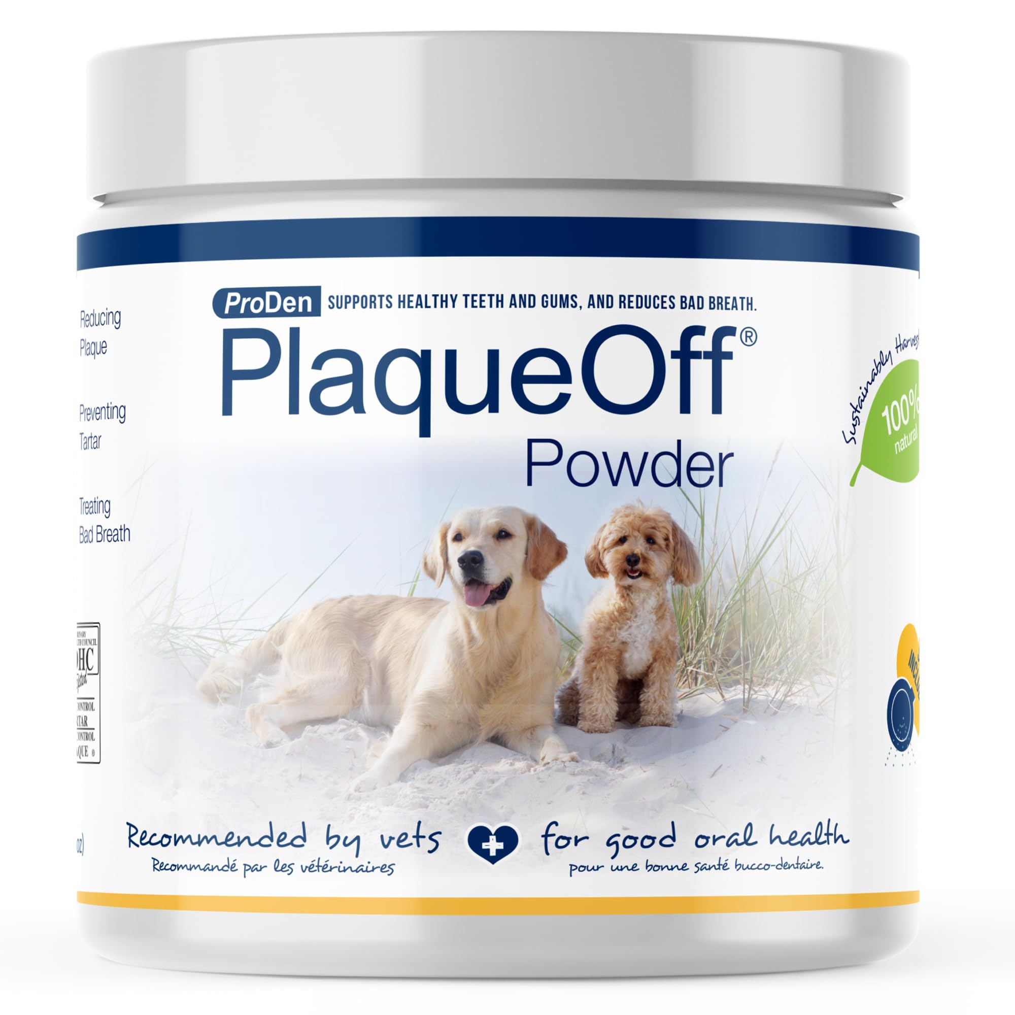 ProDen PlaqueOff powder tub shows convenient pet dental care packaging.