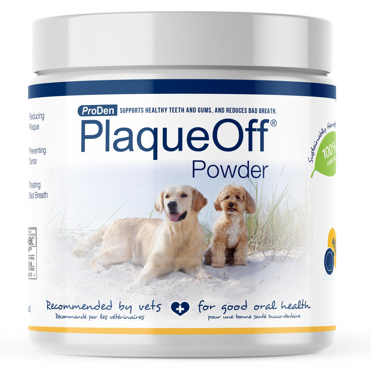 ProDen PlaqueOff powder tub shows convenient pet dental care packaging.