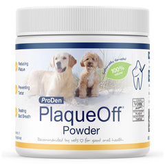ProDen PlaqueOff powder tub for pet dental care and gentle plaque support.