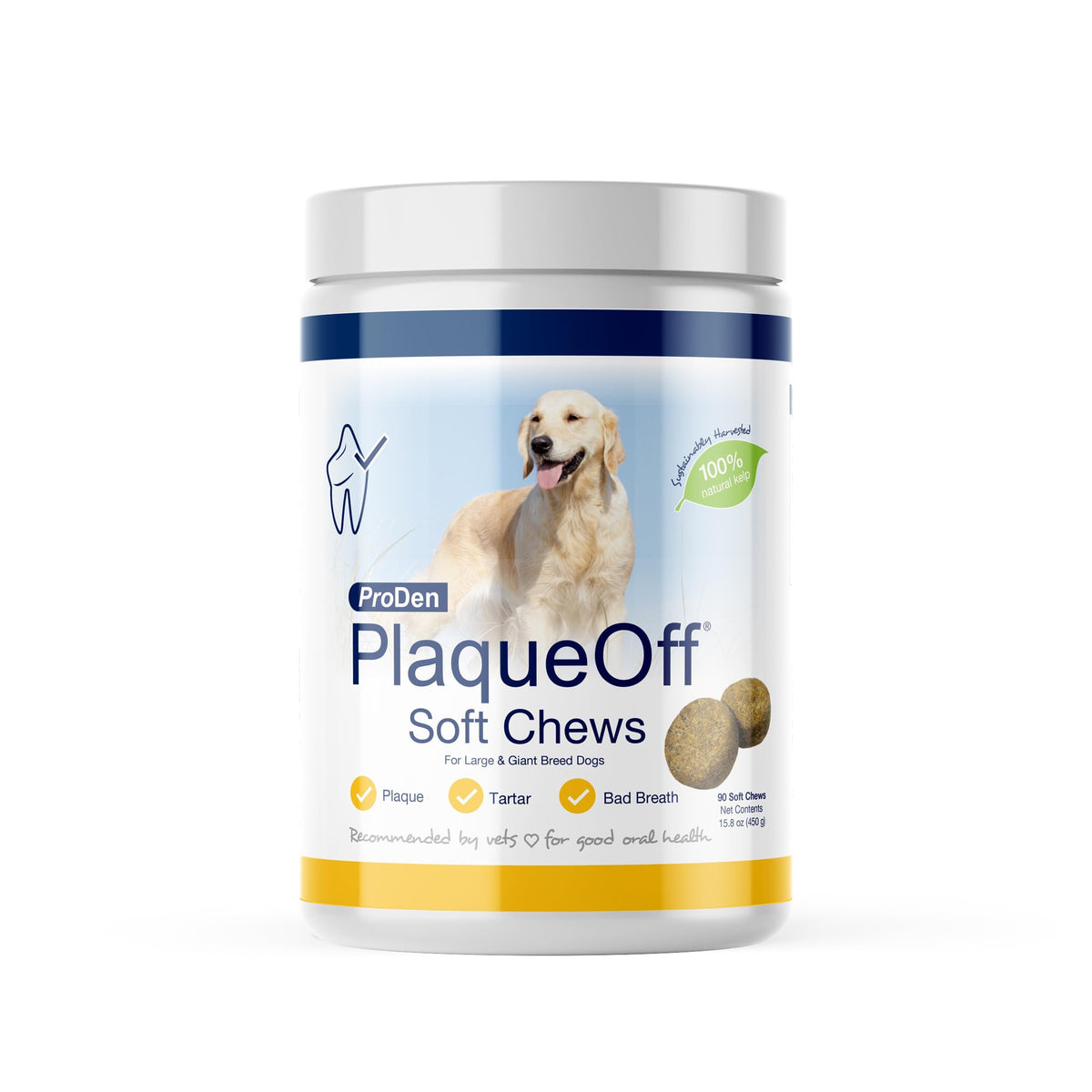ProDen PlaqueOff soft chews close-up on dog treat with natural kelp for healthier teeth.