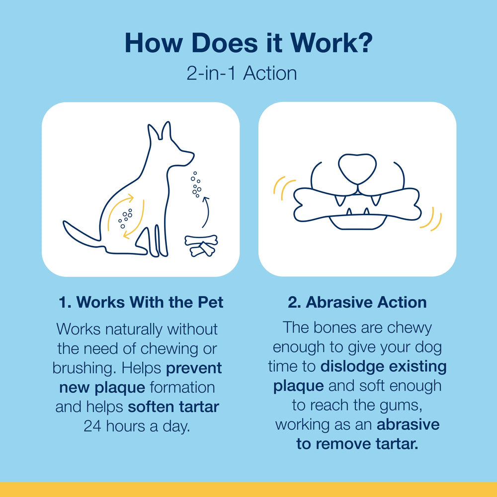 ProDen PlaqueOff System bones can be halved for smaller dogs during mealtime.