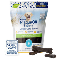 ProDen PlaqueOff System dental bone packaging highlights USA-made formulation for canine dental care.