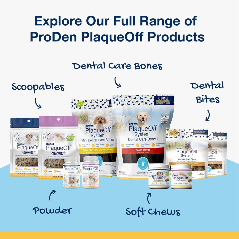 ProDen PlaqueOff 180g jar showcases long-lasting pet dental care solution.