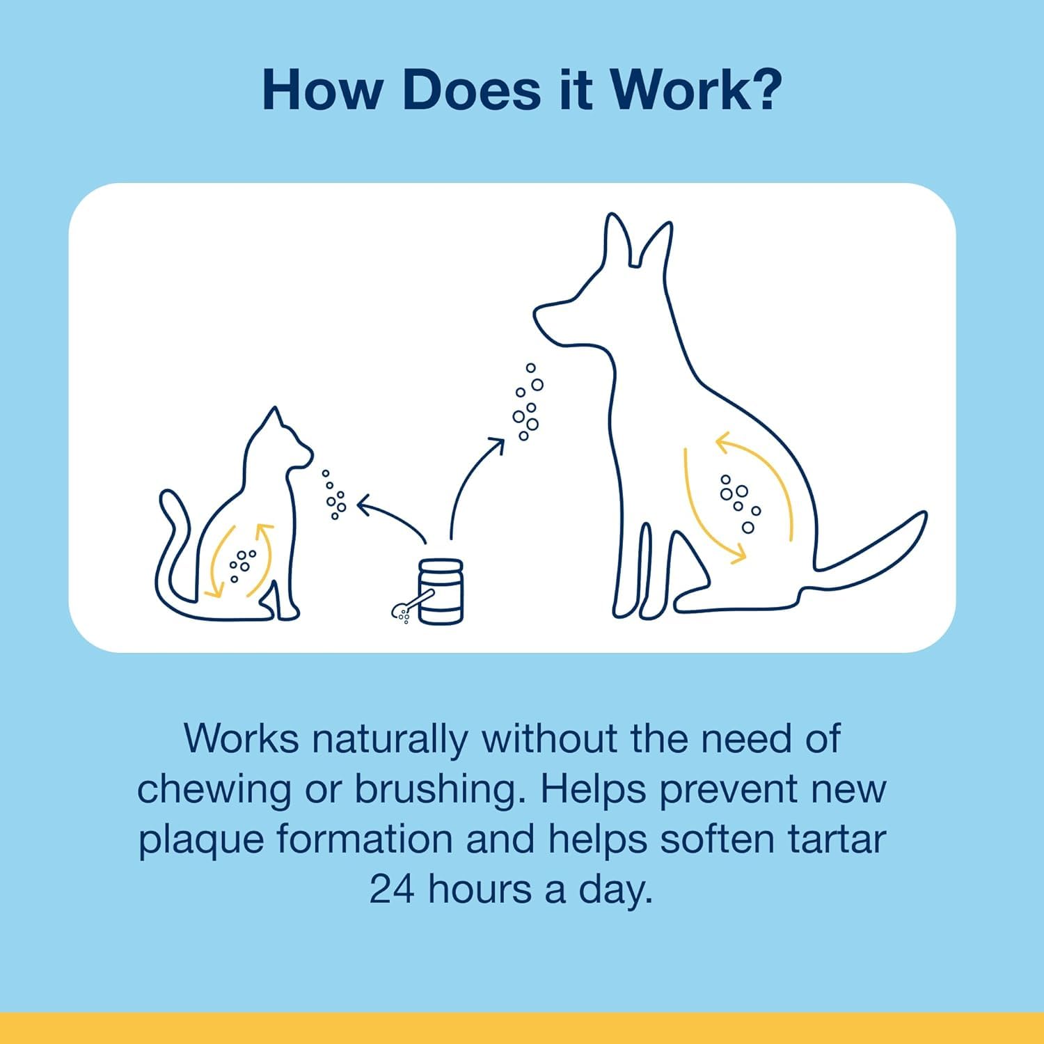 ProDen PlaqueOff dog teeth closeup suggests tartar-reducing support over time.