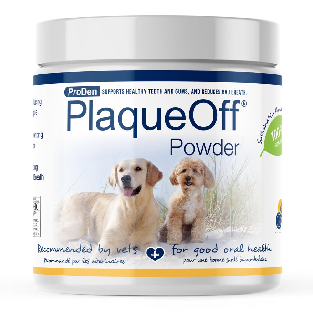ProDen PlaqueOff powder bottle promotes pet dental health and fresher breath.