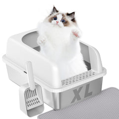 Prodigen extra large stainless steel litter box with lid provides containment and odor control.