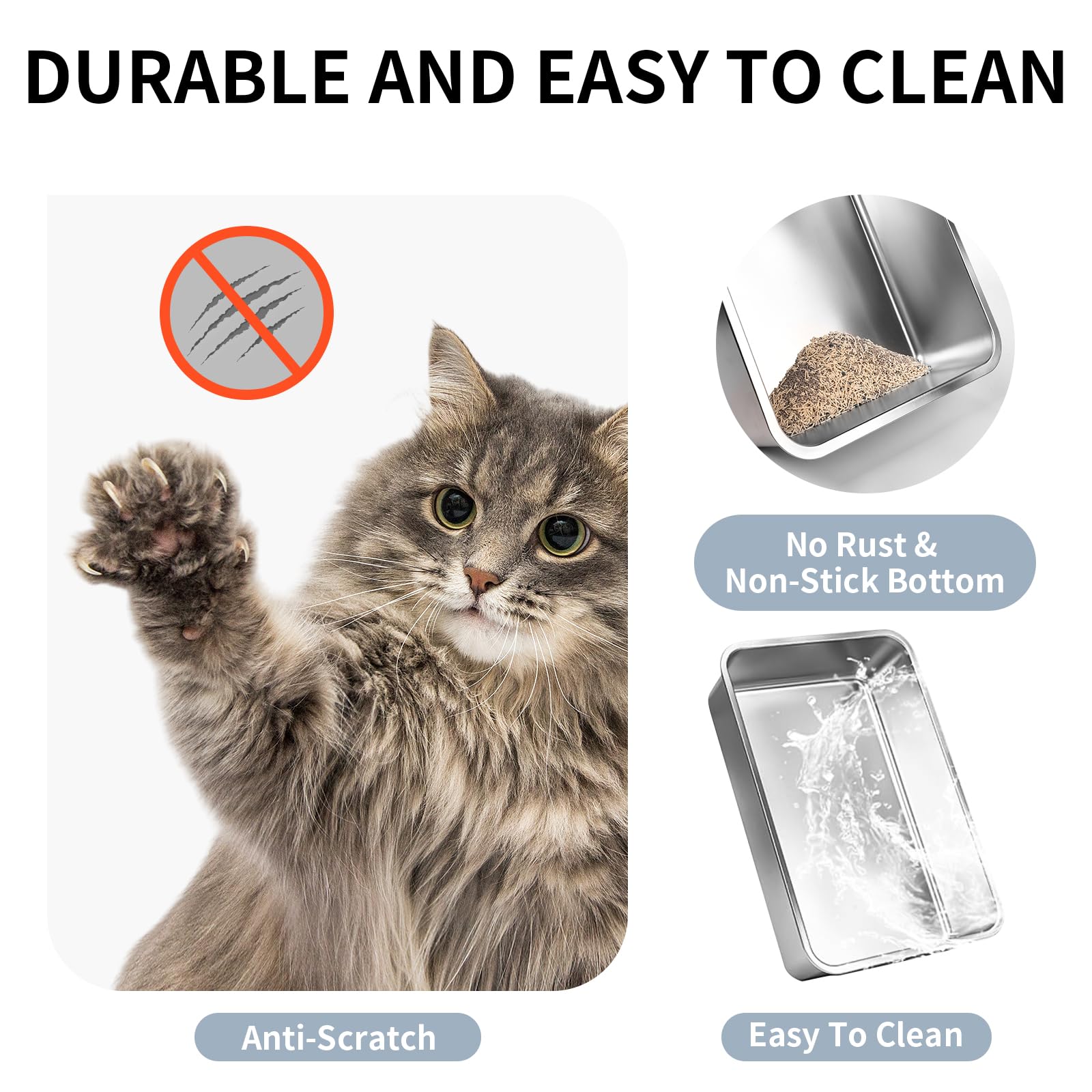 Prodigen stainless steel litter box with anti-slip base stays stable during use