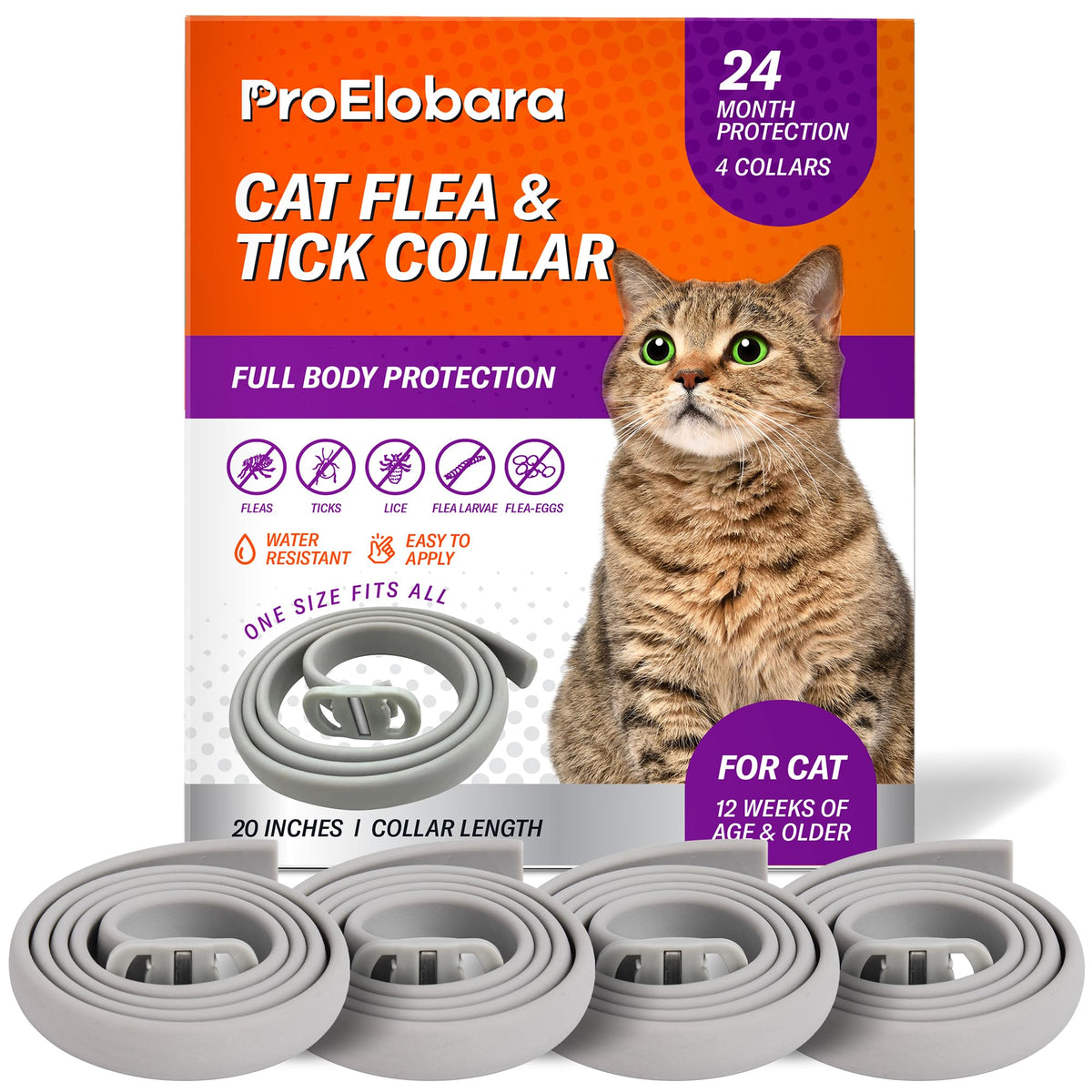 ProElobara four-pack flea collars for cats protecting against fleas and ticks with long-lasting coverage.