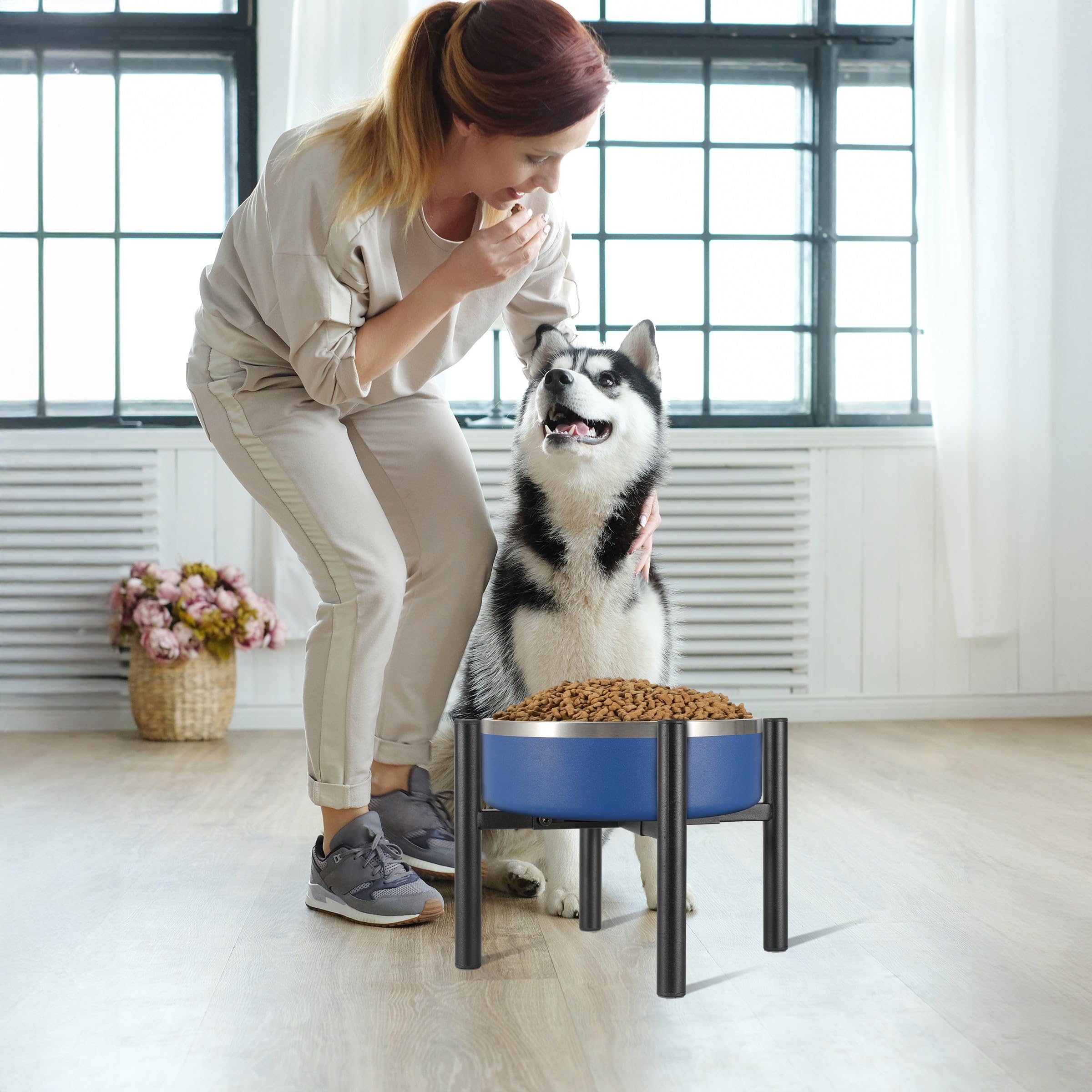 PROERR adjustable-width dog stand shows 6-10 inch bowl compatibility.