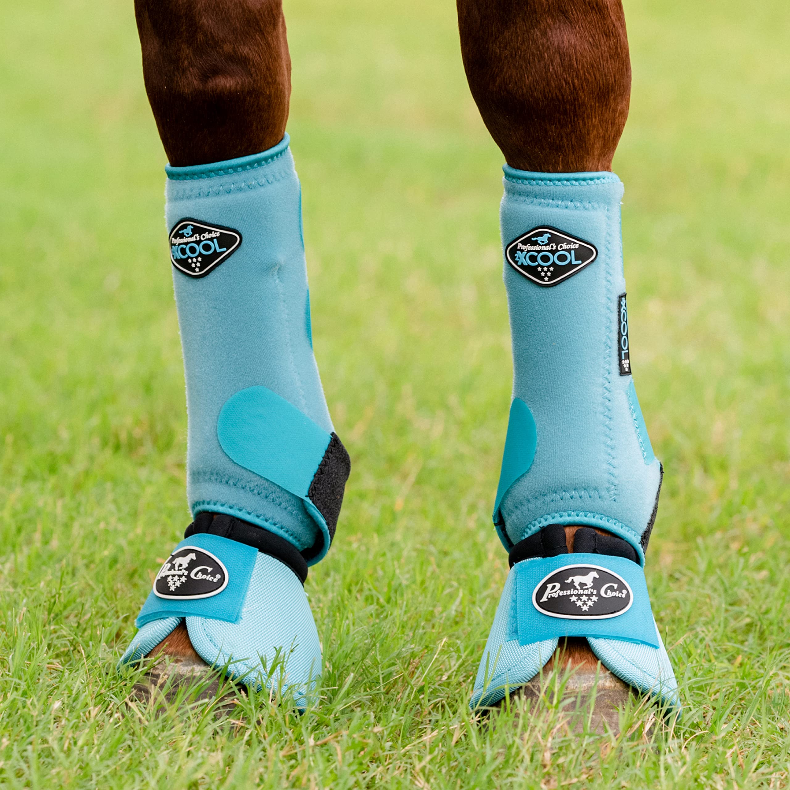 Professional's Choice Ballistic Overreach Bell Boots turquoise closure shows fast, secure quick-wrap fit.