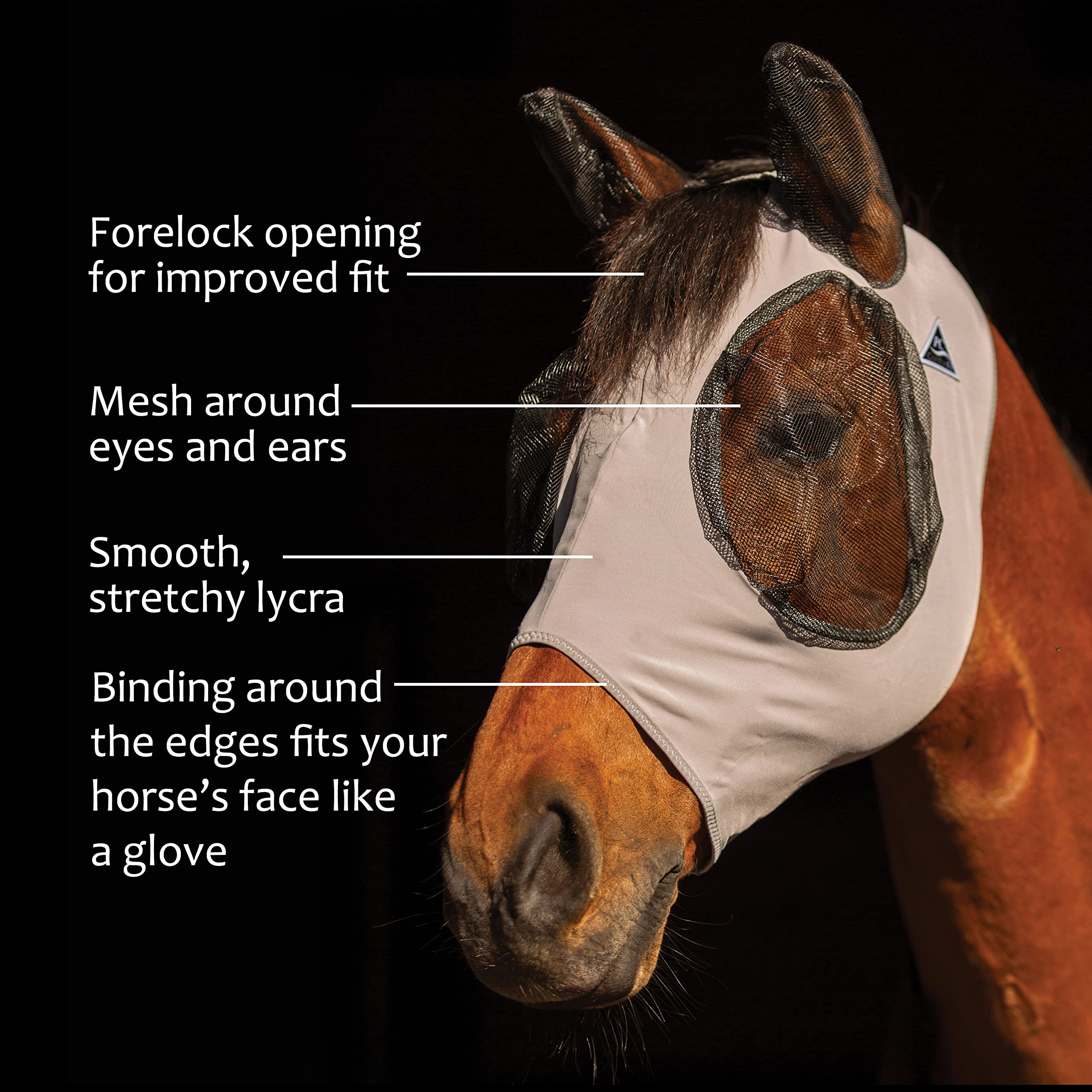 Professional's Choice Comfort Fit Fly Mask charcoal eye-mesh closeup highlights breathable mesh.