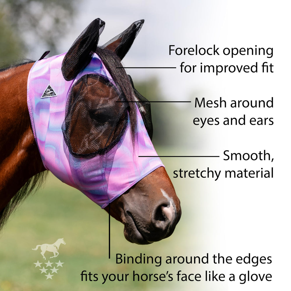 Professional's Choice Comfort-Fit Fly Mask shows forelock opening for improved fit and secure coverage.